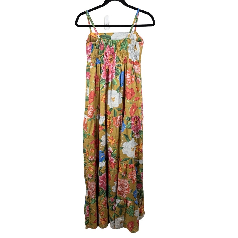 Miss Miss Tiered Floral Maxi Sundress Pink Gold Stretch Cotton Tropical sz M - Picture 3 of 9